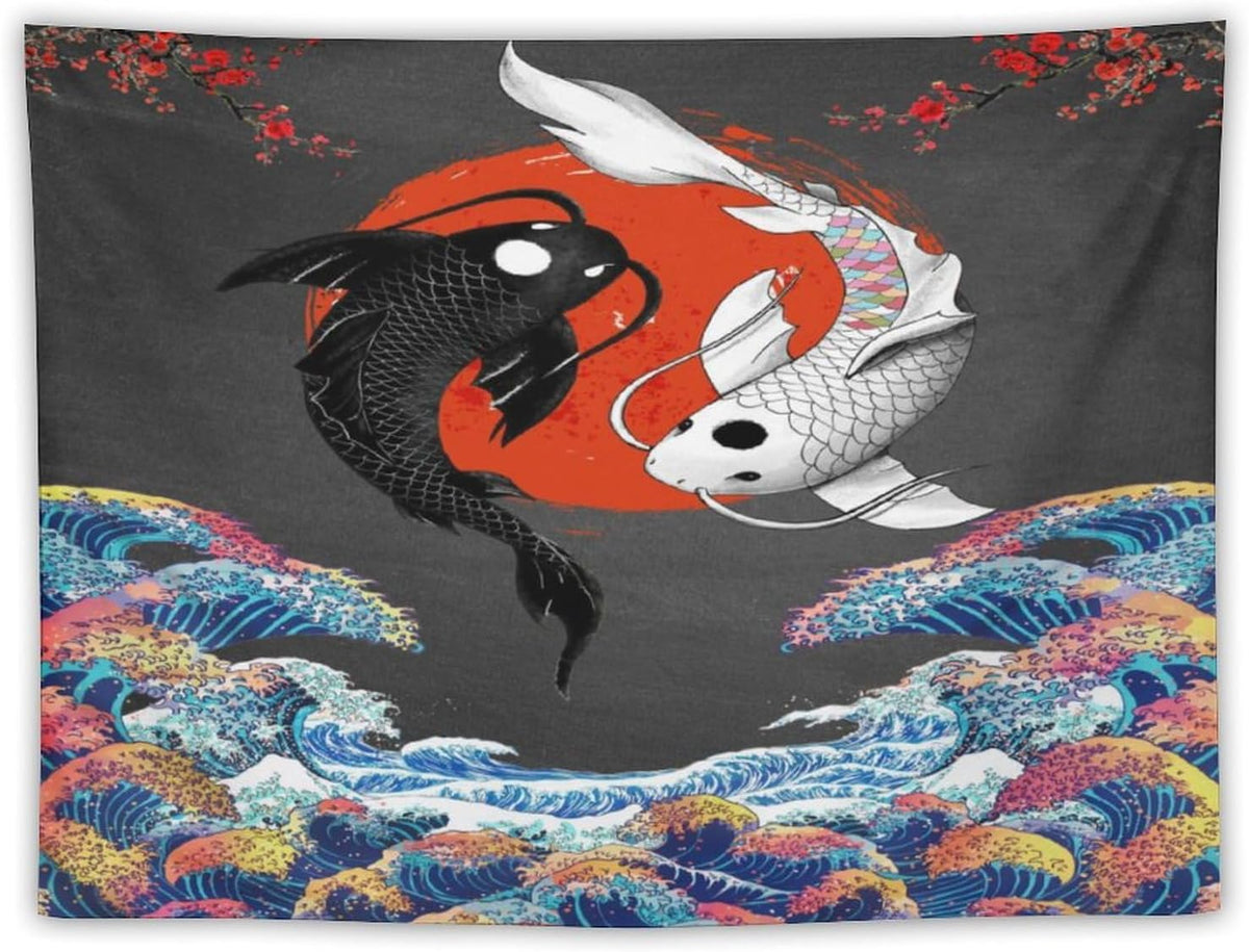 Houselerax Japanese Koi Fish Tapestries, Yin Yang Big Wave Cherry Blossom Tapestry Wall Hanging for Bedroom Living Room Office Decor 90"x60"
