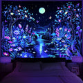 Serborlur Blacklight Fantasy Forest Tree Tapestry UV Reactive Floral Plant Tapestries Trippy Moon Butterfly Wall Art Decor Nature Landscape Wall Hanging for Bedroom