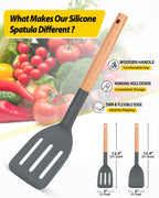 Pack of 2 Silicone Cooking Spatula, Heat Resistant Solid Turner, Non Stick Slotted Spatulas with Wooden Short Handle,Ideal Wood Kitchen Utensils Set for Frying, Baking, Flipping, Turning