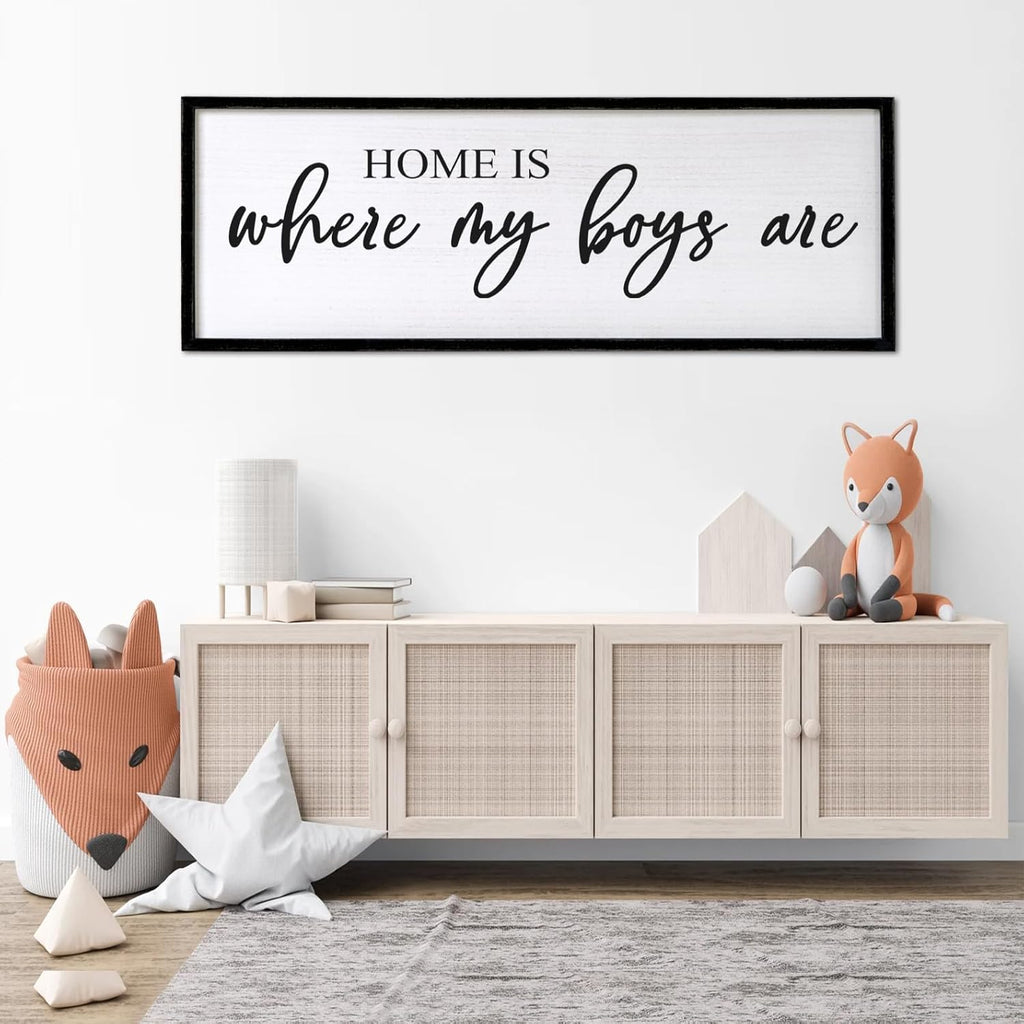 Home is Where My Boys are Sign Framed Wall Art, 40''×15'' Rustic Horizontal My Son Plaque with Black Frame for Baby Kid Boy Son Teen Toddlers Room, Horizontal Mom of Boys Gifts Nursery Decor