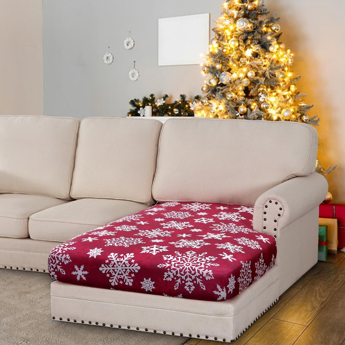 H.VERSAILTEX Christmas Sofa Slipcover Fleece Stretch Chaise Cover Sectional Couch Covers for L Shaped Sofa Both Left/Right Snowflakes Sofa Cover for Christmas (1 Piece Chaise Cover, Snowflakes)