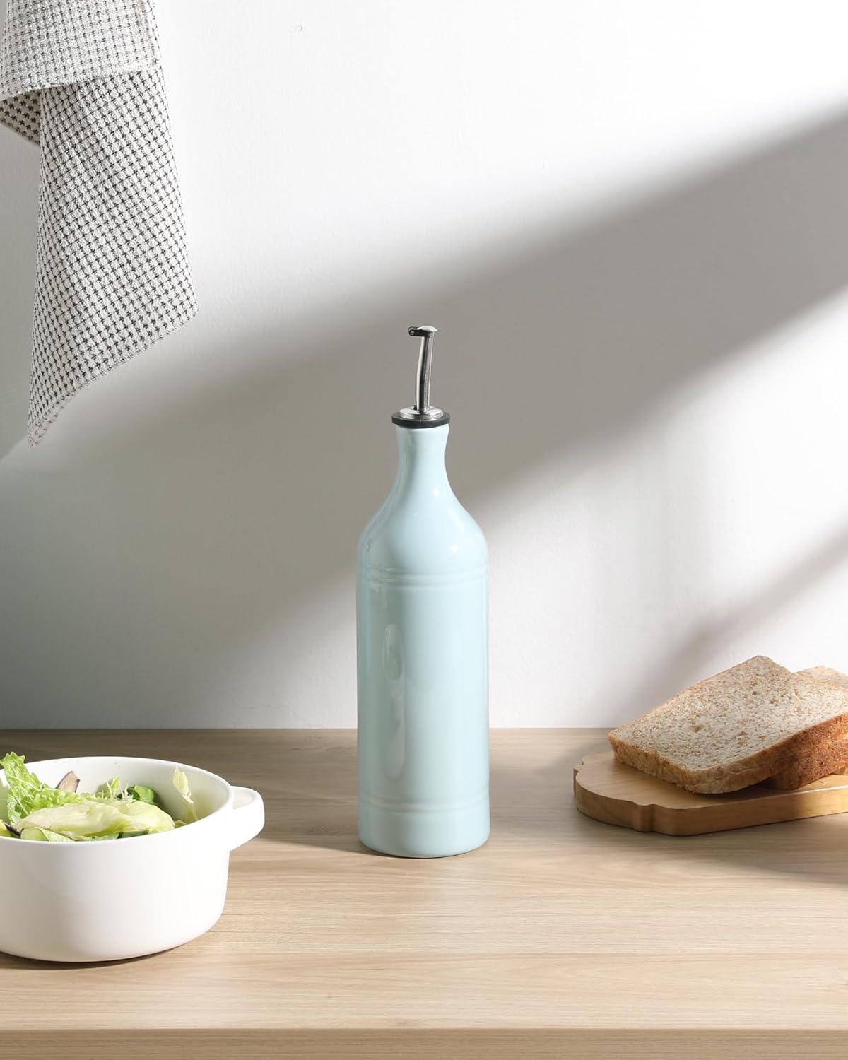 Sweejar Large Ceramic Olive Oil Dispenser Bottle, Opaque Oil Cruet Protects to Reduce Oxidation, Suitable For Storage Of Vinegar, Soy Sauce & Other Liquids, Pack of 1, 24 Fl Oz (Light Blue)