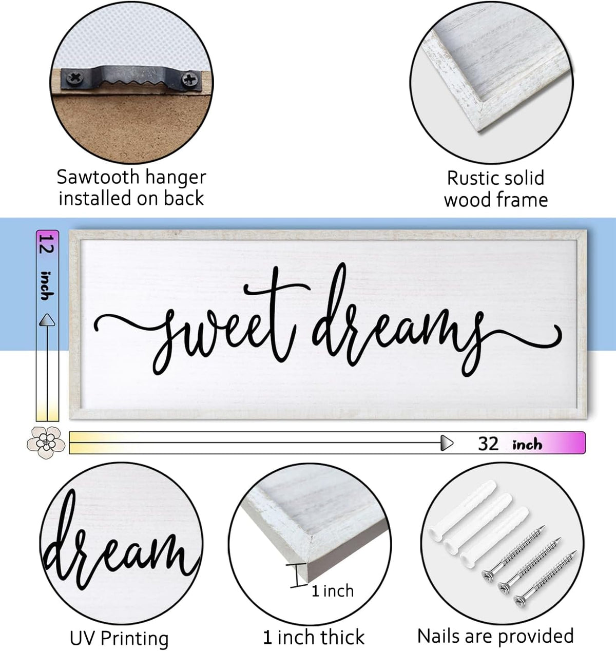 Sweet Dreams Over Bed Wall Decor 32"×12" for Master Bedroom Above Bed Wood Framed Wall Art Sign (White)