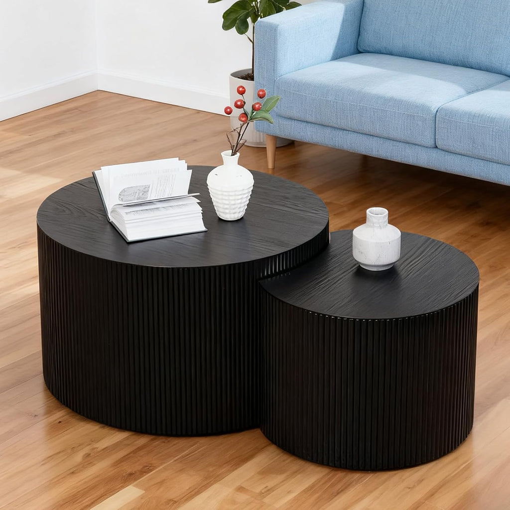 Round Nesting Coffee Table Set of 2 Small Round Coffee Tables for Living Room Modern Fluted Coffee Table Circular End Table Side Table for Small Spaces No Assembly (Black B, 27 in)