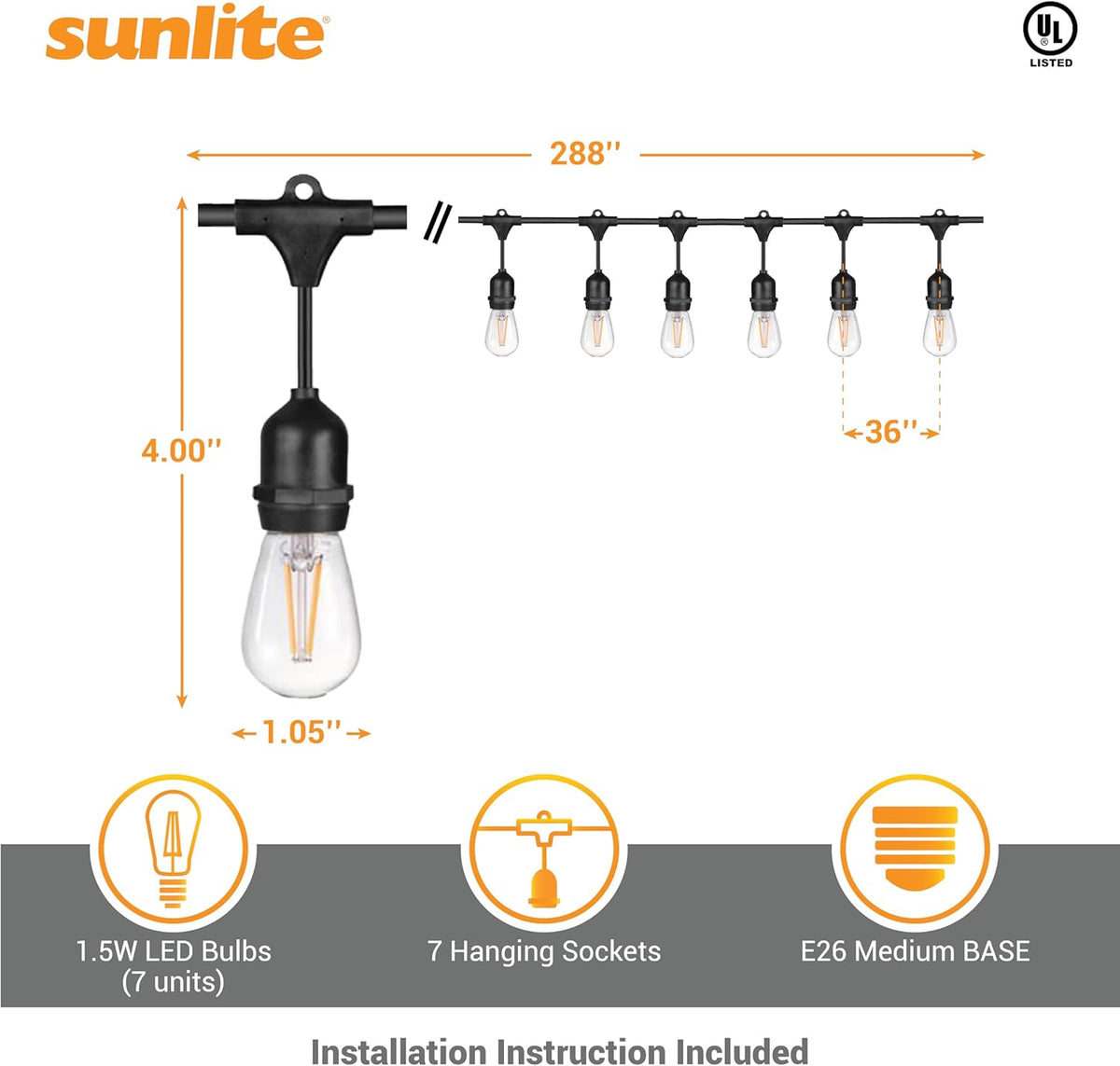 Sunlite 80571 24ft Outdoor String Lights, 1.5W Commercial Grade, Waterproof, Linkable Strands, UL Listed, 7 Hanging Sockets, Shatterproof LED Edison Bulbs Included, 2700K Warm White