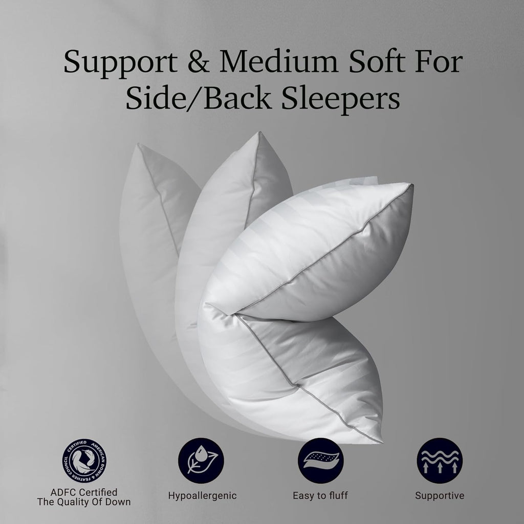 Hotel Grand Softy-Around Feather Down Pillows Standard Size Set of 2 Packs White Strip 100% Cotton Fabric Bed Pillows for All Position Sleepers,26"x20"/2 Packs