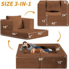 Folding Bean Bag Chair for Adults,3-in-1 Bean Bag Couch Faux Fur Floor Sofa Large Beanbag Convertible Bean Bag Sofa Bed with Pillow in Bedroom,Living Room,Apartment(Twin,Caramel)