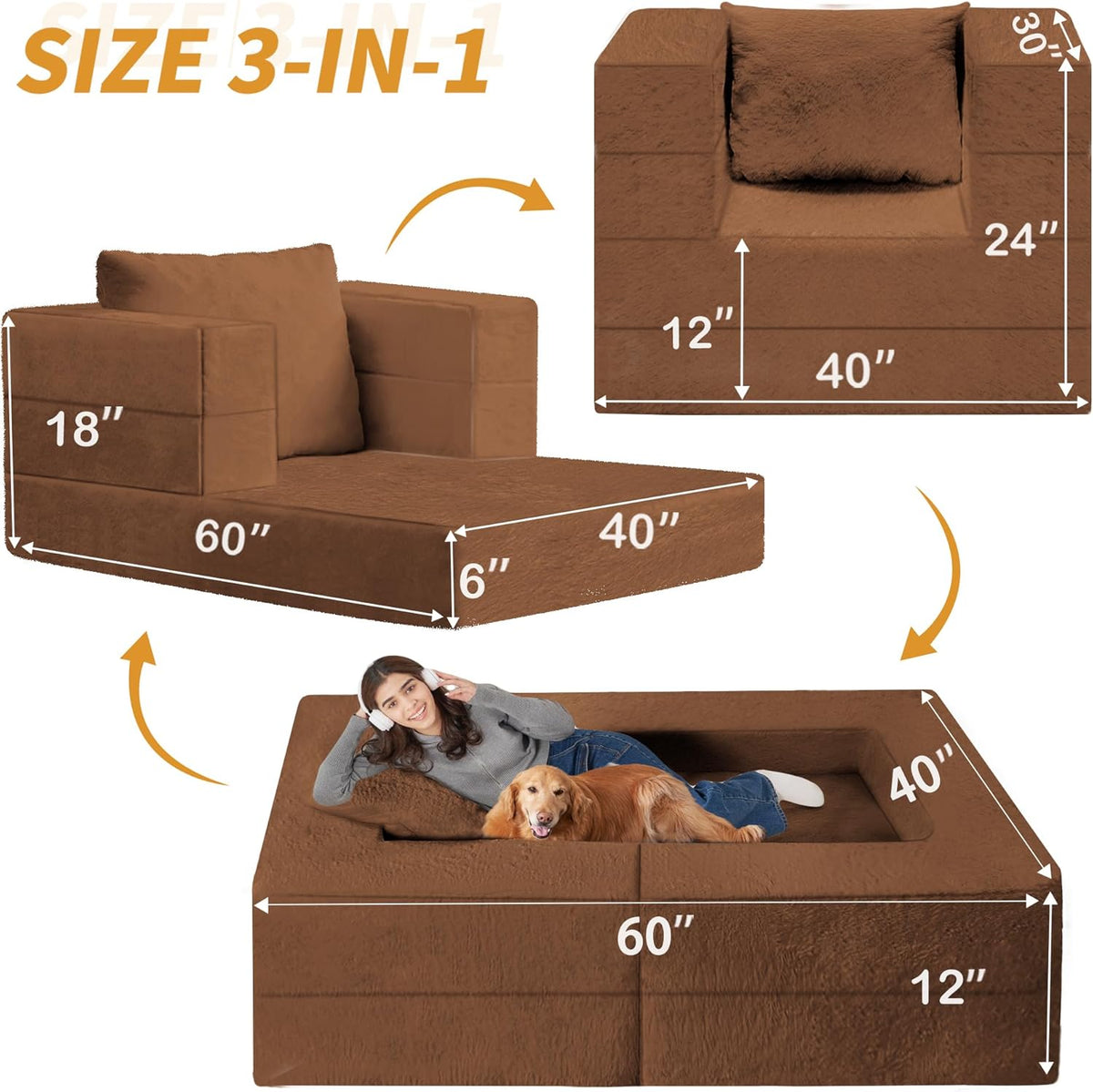 Folding Bean Bag Chair for Adults,3-in-1 Bean Bag Couch Faux Fur Floor Sofa Large Beanbag Convertible Bean Bag Sofa Bed with Pillow in Bedroom,Living Room,Apartment(Twin,Caramel)