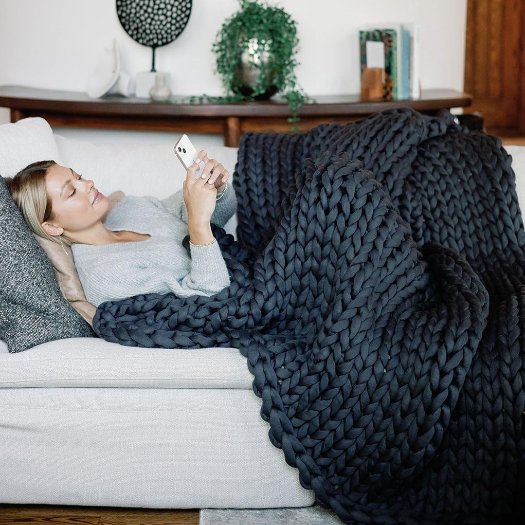 Nuzzie Chunky Knit Weighted Blanket - Breathable, Cooling, Hand Made Knit Throw Blanket for Sleep - Machine Washable, Stylish Decor Design (Charcoal, Queen | 28lbs | 80"x80")