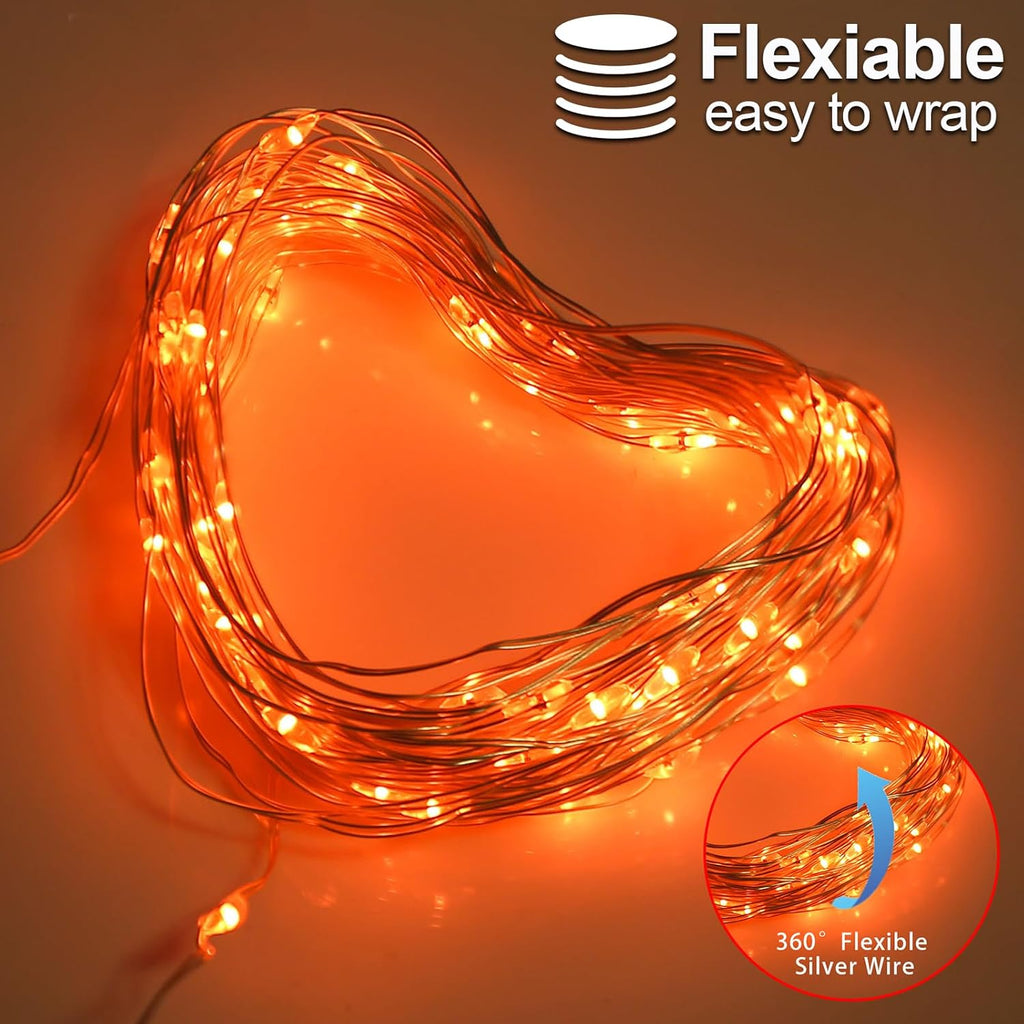Halloween Fall Decorations Orange Fairy String Lights Indoor, Battery Operated with Timer, 2 Pack Total 33FT 100 Led Mini Battery Powered Twinkle Mason Jar Waterproof Firefly Lights DIY Party