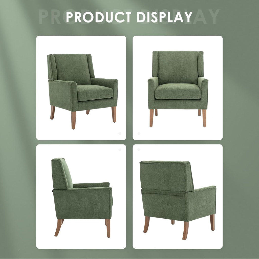 COLAMY Modern Wingback Living Room Chair, Upholstered Fabric Accent Armchair, Single Sofa Chair with Lounge Seat and Wood Legs for Bedroom/Office/Reading Spaces, Green