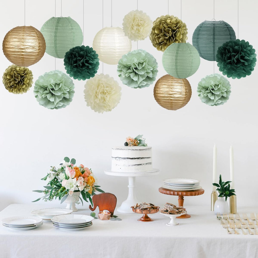 zilue Sage Green Party Decorations, Sage Green Paper Lanterns and Pom Poms Flowers for Birthday Party Baby Shower Wedding Shower Decor Gold/Ivory/Sage Green 15pcs