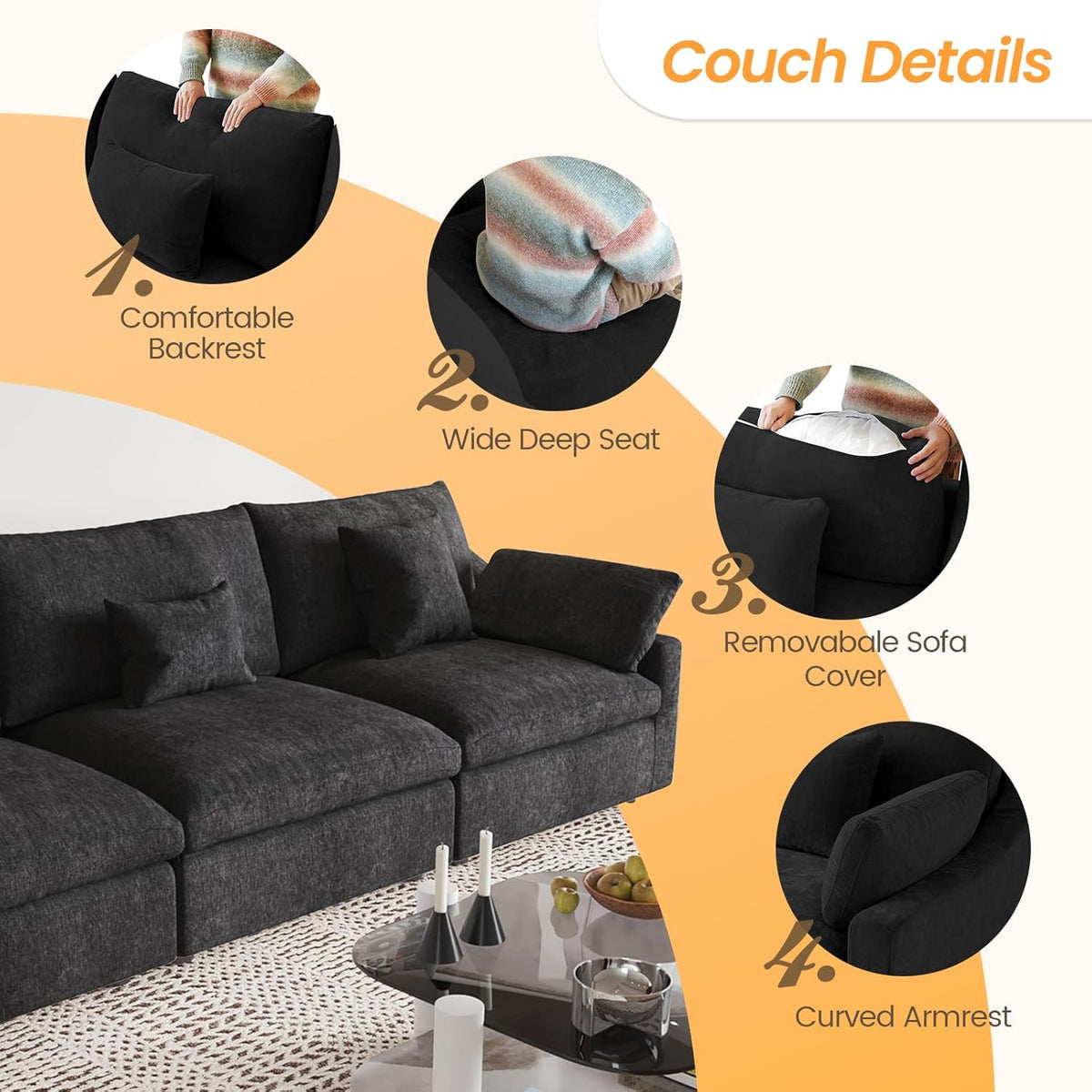 JACH Sectional Couches for Living Room, 3 Seater Cloud Sectional Couch with Deep Seat, Down Filled Modular Sofa, Covers Removeable & Washable, Sofas Furniture for Living Room, Black