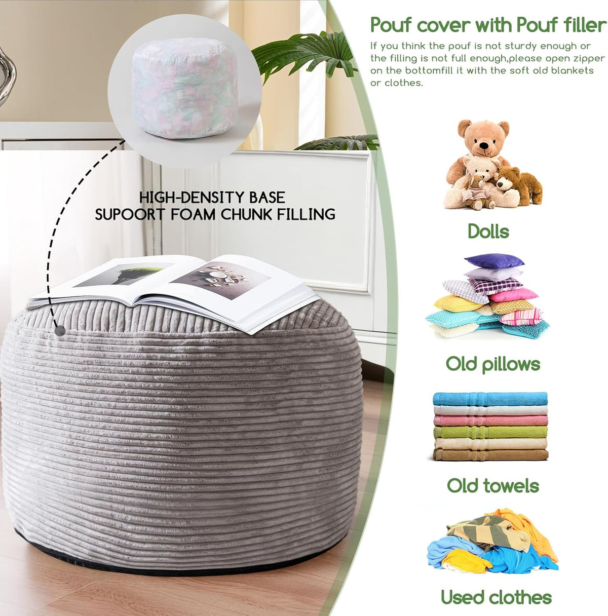 HIGOGOGO Round Stuffed Pouf Ottoman, Corduroy Poufs with Foam Chunk Filling, Furry and Fluffy Pouf Foot Stool Storage Ottoman, 26 X 18 Floor Poufs Foot Rest for Living Room, Grey