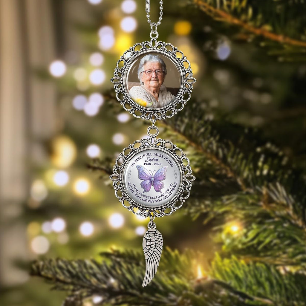 Metal Memorial Ornament with Custom Photo - My Mind Still Talks to You Charming Christmas Ornament Car Hanging Charm Remembrance Sympathy Gift for Loss of Loved Ones Grieving Keepsake