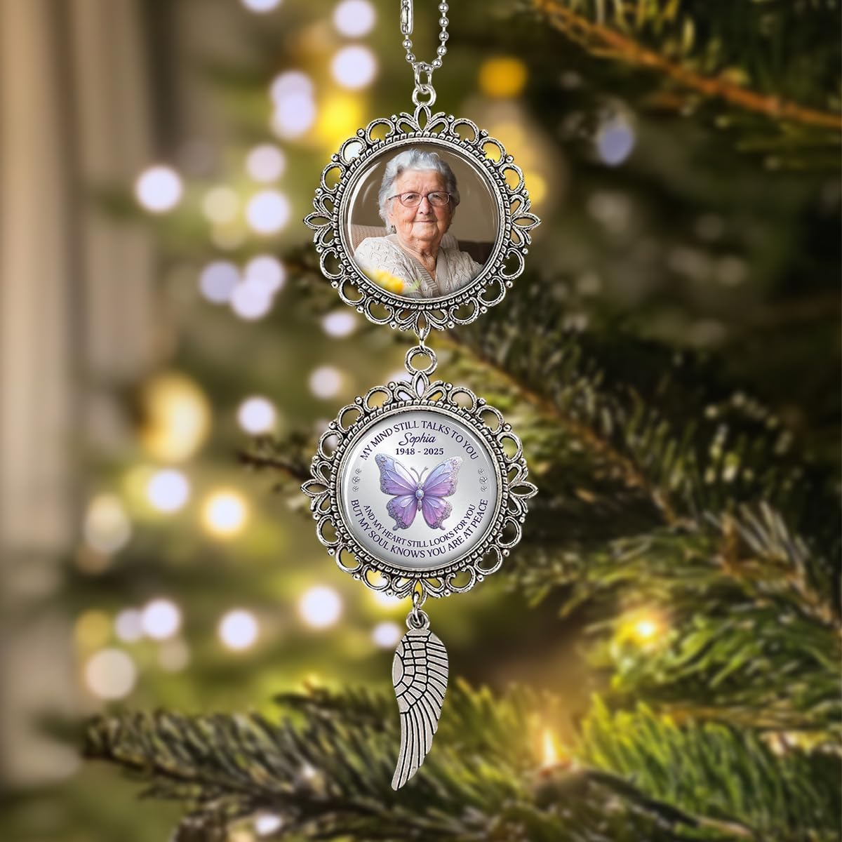 Metal Memorial Ornament with Custom Photo - My Mind Still Talks to You Charming Christmas Ornament Car Hanging Charm Remembrance Sympathy Gift for Loss of Loved Ones Grieving Keepsake