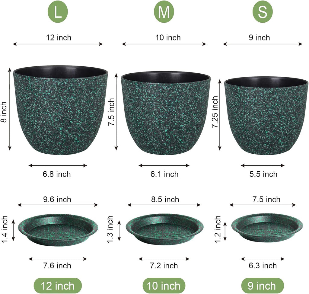 Large Flower Pots 12/10/9 inch, Set of 3 Decorative Plastic Planters with Drainage Holes and Saucers for Garden House Plants, Plant Pots for Indoor Outdoor Plants, Black with Green Speckles