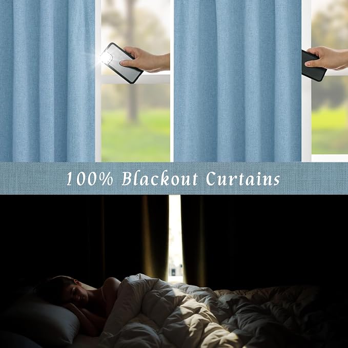 Blue 100% Blackout Linen Curtains 63 Inches - Image 3