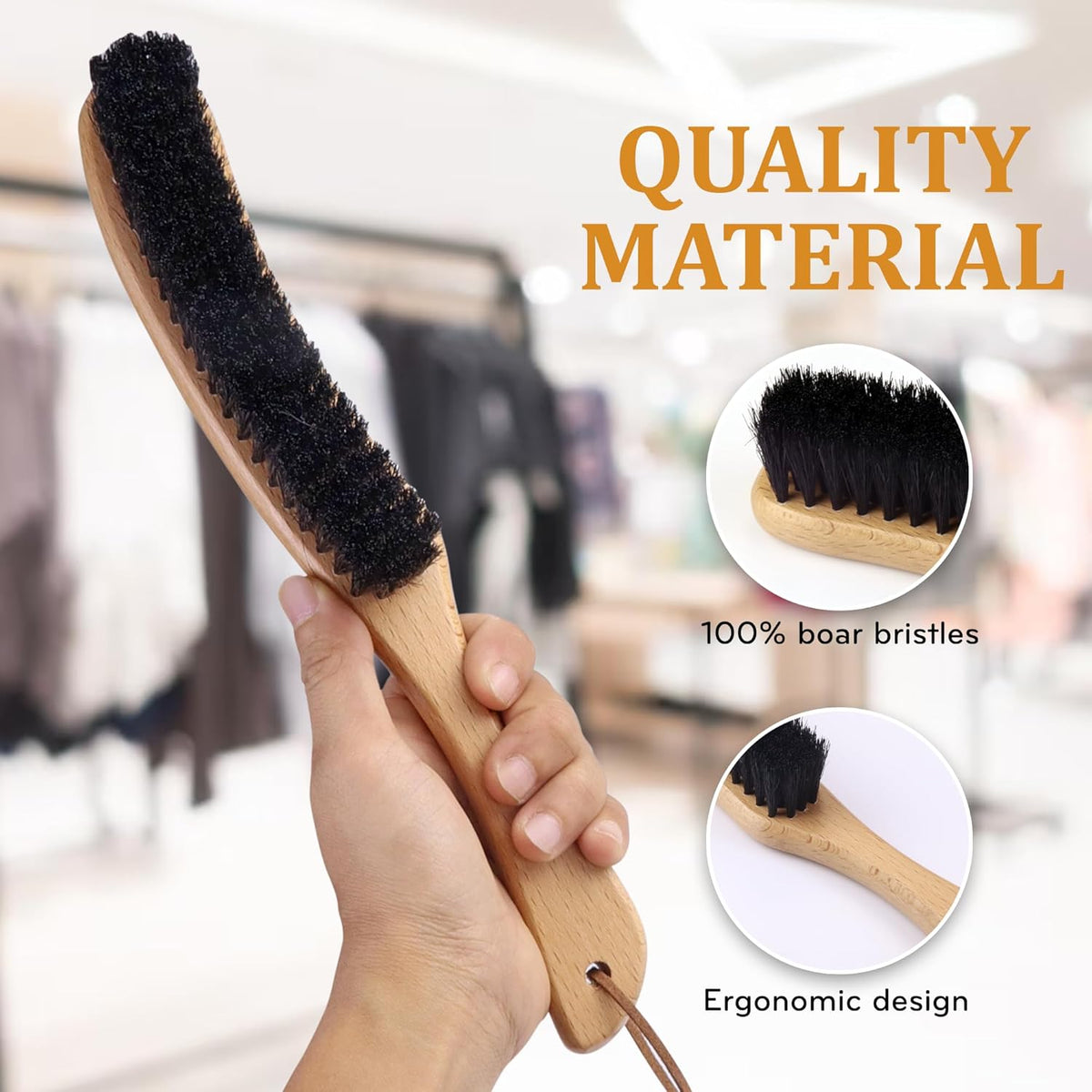 TAKAVU Clothes Brush Hat Brush, Black Boar Bristle Lint Brush with Large Beech Wood Handle - Perfect for Pet Hair, Suits, Velvet, Cashmere, Wool, Suede, Shoe - Effective Lint Remover