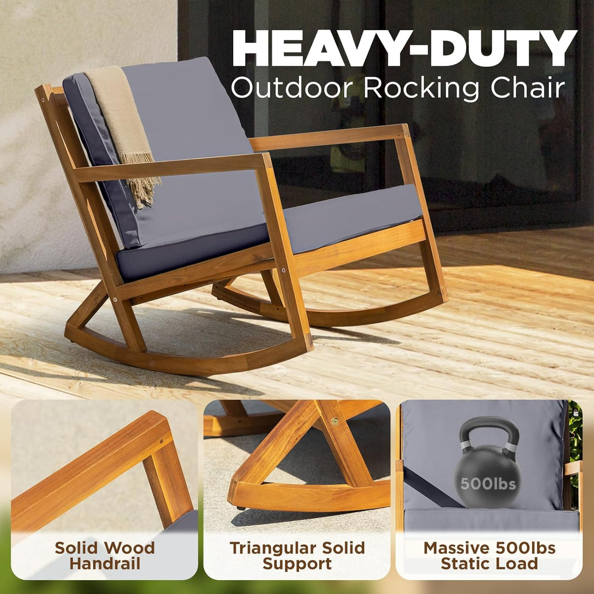 IDZO Club Rocking Chair 500lbs Capacity with Inclined Backrest, Thick Foam Cushion, Solid Acacia Wood Rocker for Patio, Backyard, Balcony, Porch, Grey