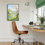 The scenery of a stream between trees and cherry blossoms under the blue sky is suitable for posting in the living room bedroom office landscape posters