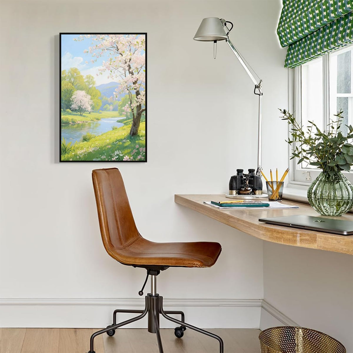 The scenery of a stream between trees and cherry blossoms under the blue sky is suitable for posting in the living room bedroom office landscape posters