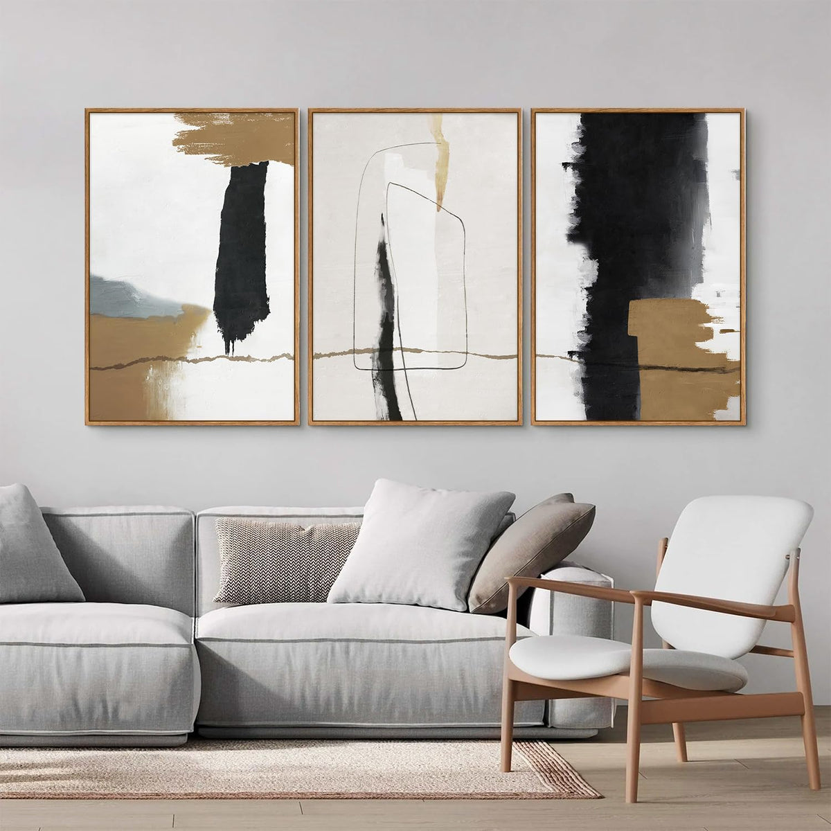 SIGNINART Black and White Abstract Framed Canvas Wall Art Set of 3, Beige Neutral Art Prints, Minimalist Modern Wall Decor for Living Room, Bedroom, Office,Above Couch 16"x24"x3