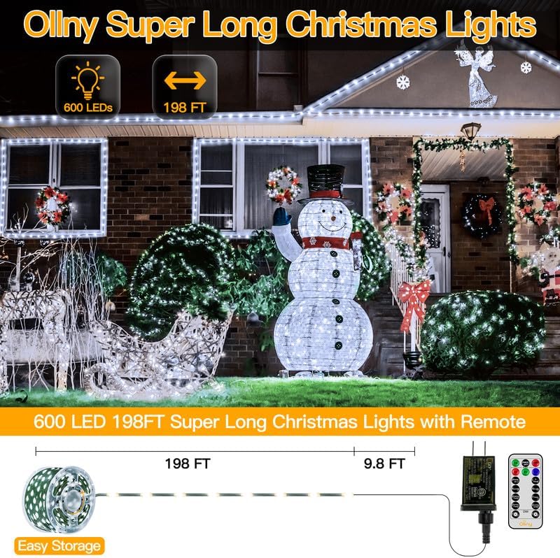 Ollny Christmas Lights, 198 FT 600 LED Outdoor Waterproof Plug in Christmas Tree Lights with 8 Modes Remote Timer, String Lights for House Yard Outside Indoor Xmas Decorations White