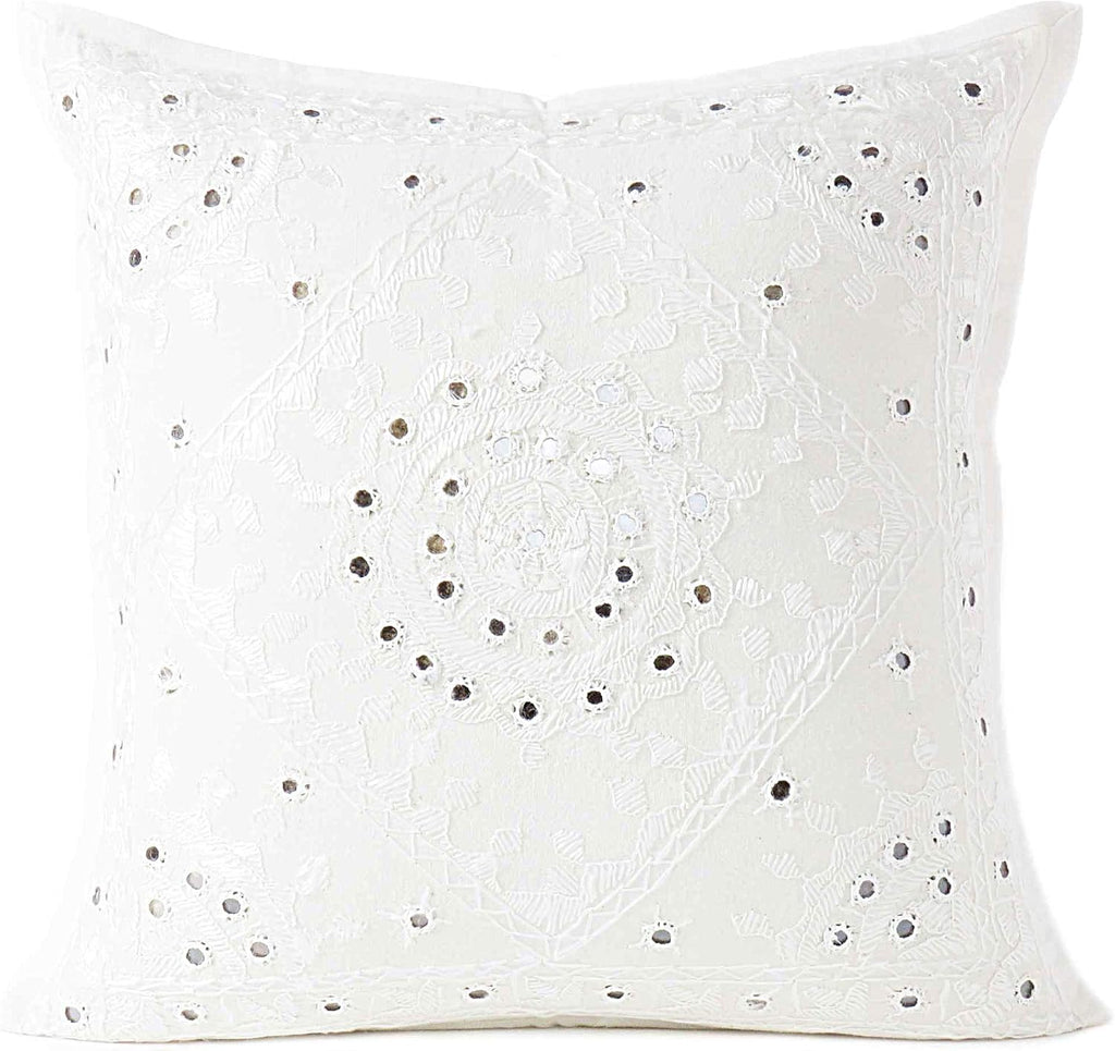 Eyes of India Embroidered Decorative Boho Throw Pillow Cover with Mirrors, Handmade Bohemian Accent Cushion Case for Sofa Couch Bedroom Living Room (White, 24" x 24")