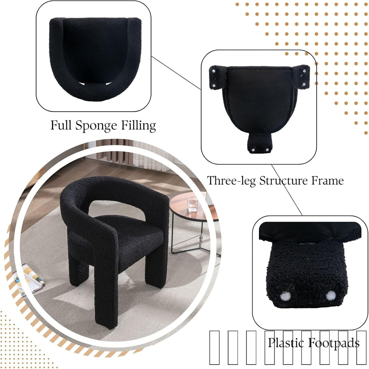 Black Sherpa Dining Chairs Set of 2, Modern Barrel Dining Room Chairs Upholstered Faux Fur Accent Chair with Arms and Round Back for Living Room Kitchen Armchair No Assembly Needed