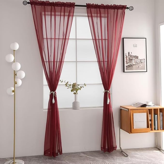 SpaceDresser Burgundy Sheer Curtains 4 Panels Rod Pocket Semi-Sheer Curtain 45 - Image 3