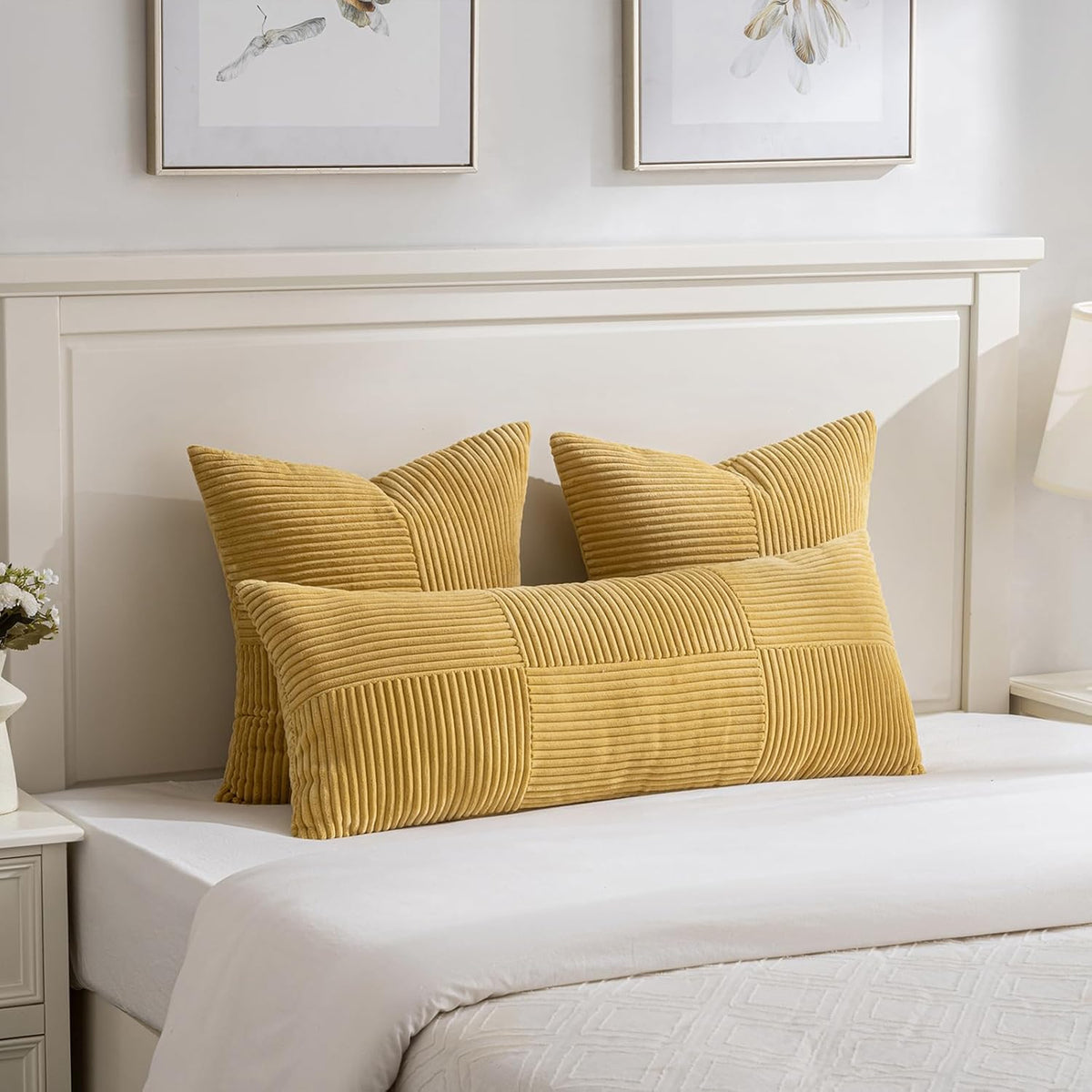 Fancy Homi 2 Packs Mustard Yellow Long Lumbar Decorative Throw Pillow Covers 16x24 Inch for Couch Bed, Rustic Farmhouse Boho Home Decor, Soft Striped Corduroy Rectangle Accent Cushion Case 40x60 cm