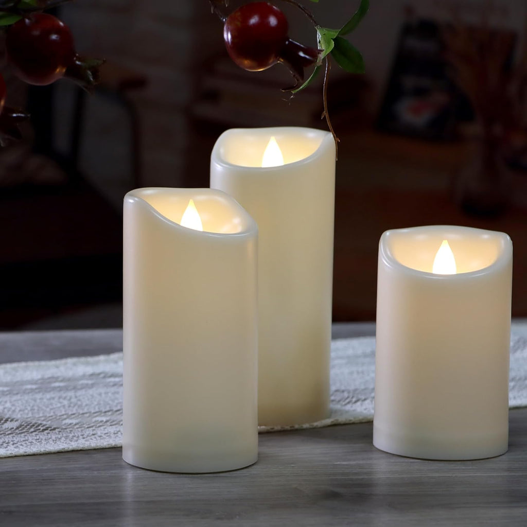 CANDLE CHOICE Waterproof Outdoor Battery Operated Flameless Pillar Candles with Timer Realistic Flickering Plastic Fake Electric LED Lights for Lantern Garden Wedding Christmas Decorations 3 Pack
