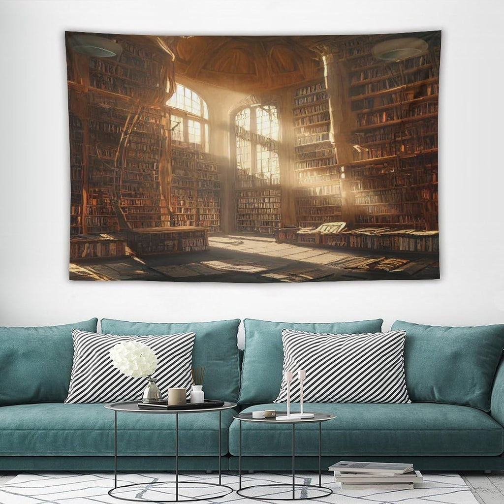 Kurtect Retro Bookshelf Tapestry,Medieval Mid Century Library Building Pattern Print Tapestries for Party Beach Picnic Blankets Tablecloths Living Room Wall Deocr, 40x60 in