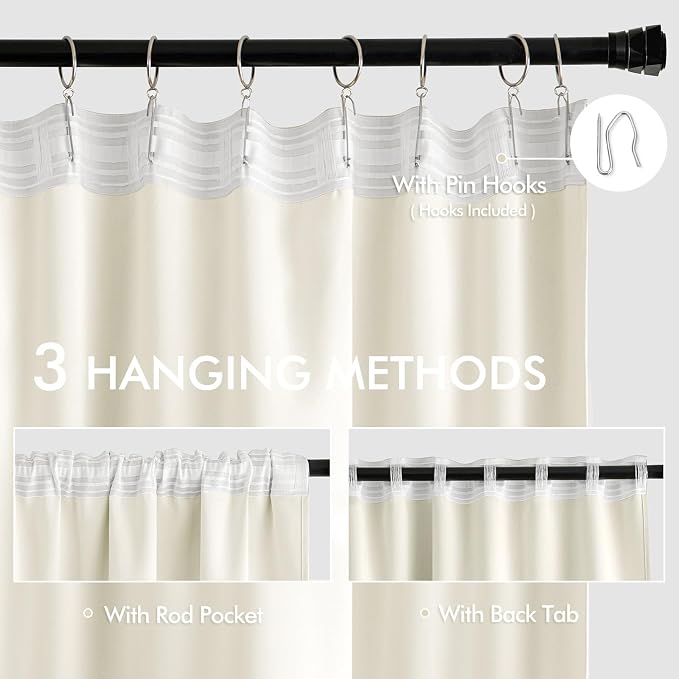 MIULEE Cream Back Tab Blackout Curtains 52x63 Inches Long 2 Panels Set | Rod - Image 3