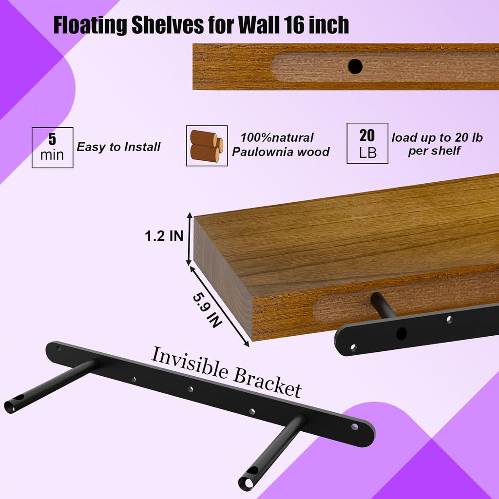 IAE Walnut Floating Wall Shelves 16 inch, Bathroom Shelves Wall Mounted,Invisible Shelf Floating Kitchen Shelves,Wooden Wall Shelving with Brackets for Living Room Wall Mounted,Easy Install,Set of 2