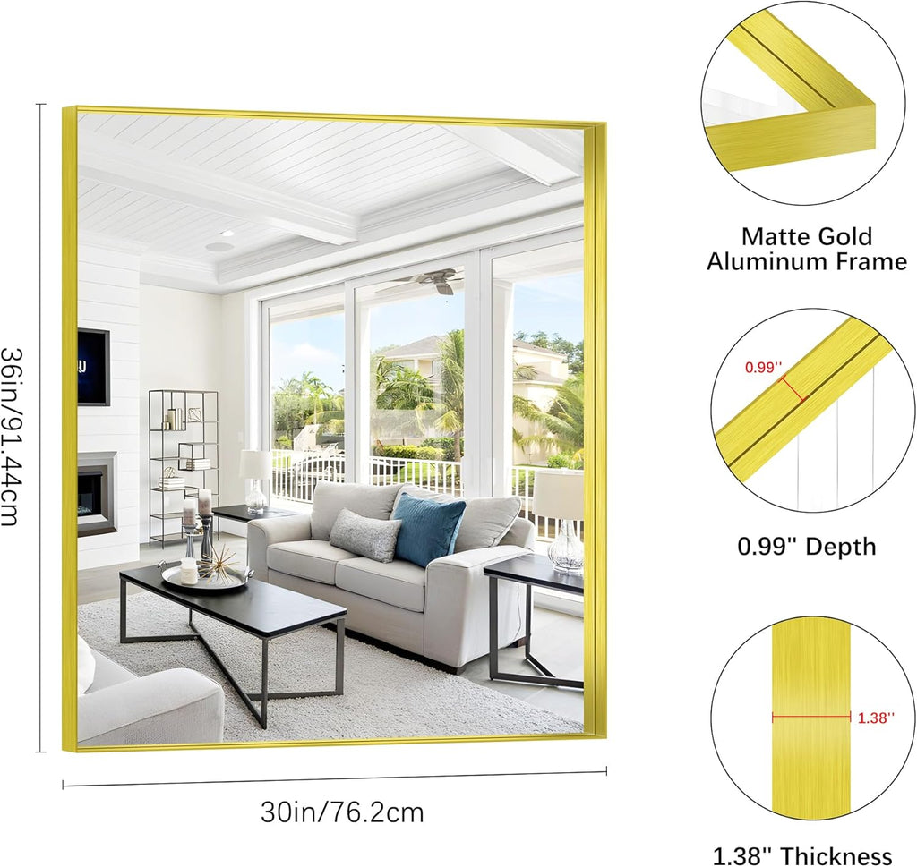 Gold Bathroom Mirror, 30x36 Inch Rectangular Framed Mirror, Large Wall Mounted Bathroom Vanity Mirror Over Sink for Bedroom,Restroom, Living Room, Hangs Vertically or Horizontally