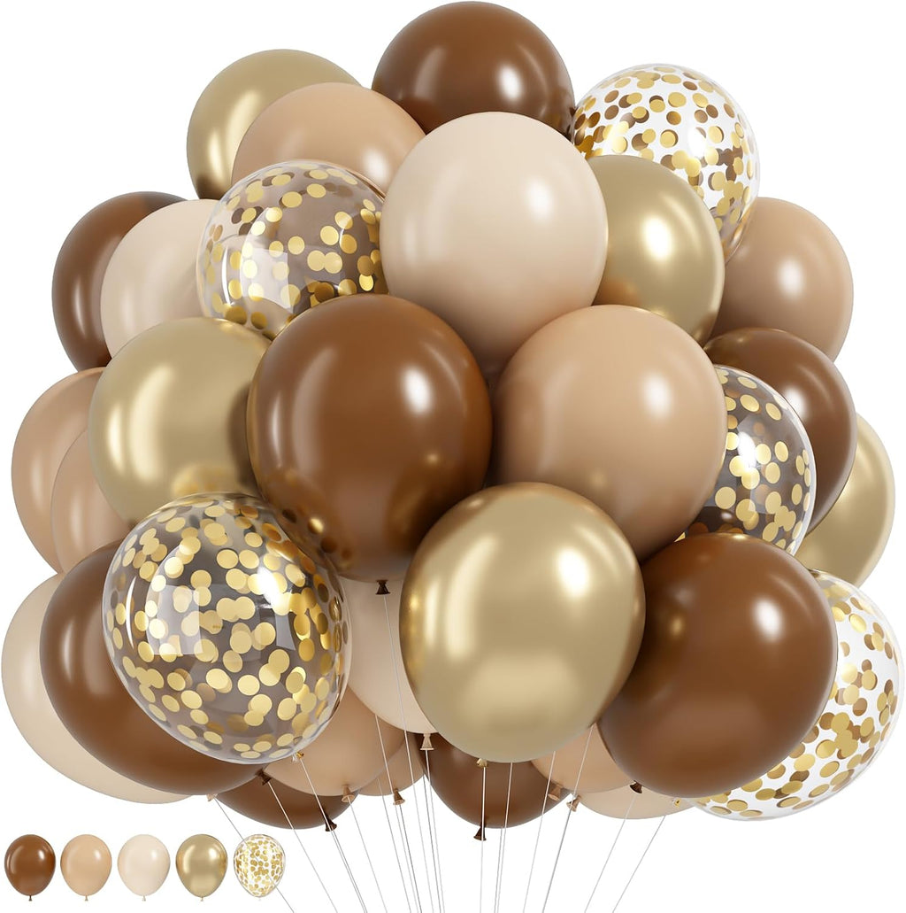 Brown and Gold Balloons 12 Inch Double Stuffed Dark Coffee Tan Cream Beige Sand Nude Neutral Latex Balloon Confetti Balloons for Boho Birthday Rodeo Thanksgiving Baby Bridal Shower Party Decor