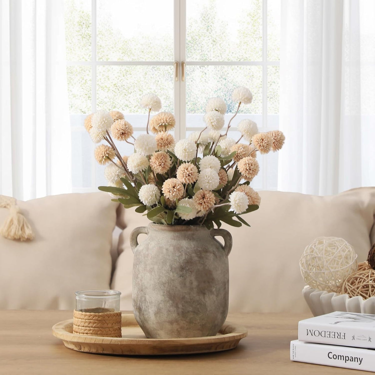 Ceramic Flower Vase Home Decor - 7.6 Inch Farmhouse Rustic Table Vases with Handle Living Room Decoration Decorative Vintage Pottery for Kitchen Shelf Coffee Dining Bookshelf Fireplace Centerpiece