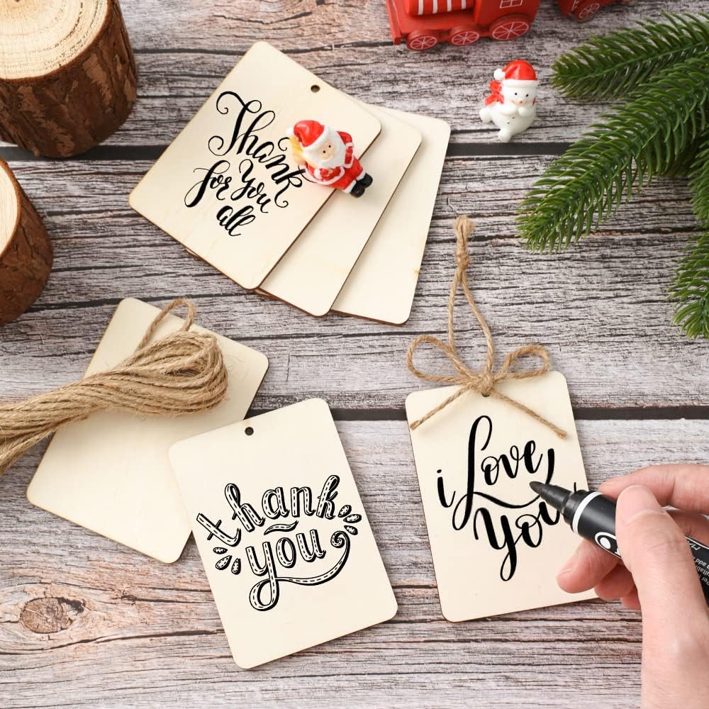 Rectangle Wooden Tags, 50Pcs 2.5 x 3.5 Inch Unfinished Wood Tags Ornaments Blank Square Wooden Slices with Jute Twines for Sign Tags Christmas Home Party Hanging Decoration