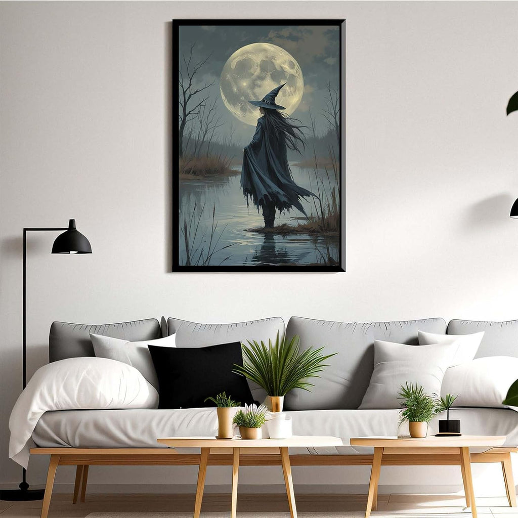 JFHCQJPK Witch in the moonlight magic canvas wall art enchanting Halloween home decor swamp witch silhouette oil painting mysterious gothic aesthetic wall decor print poster16x24in Metal blackFramed