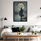 JFHCQJPK Witch in the moonlight magic canvas wall art enchanting Halloween home decor swamp witch silhouette oil painting mysterious gothic aesthetic wall decor print poster16x24in Metal blackFramed