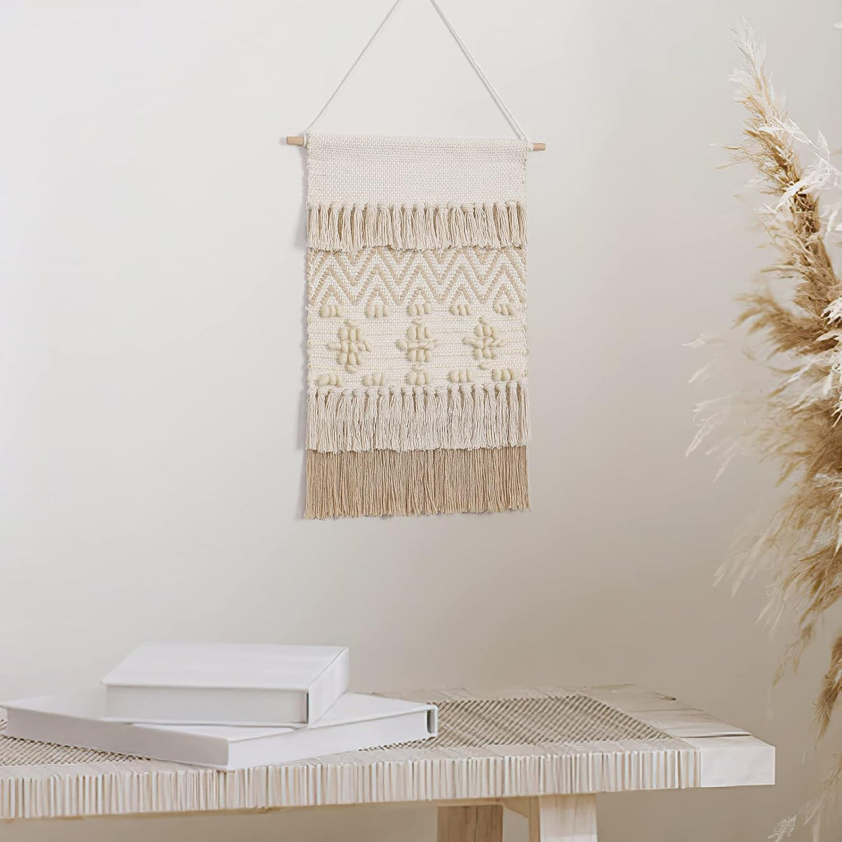 Dremisland Macrame Woven Wall Hanging Home Decor Bohemian Beige Geometric Wave Art Decor with Wool Ball and Tassle-Elegant Apartment Bedroom Dorm Room Door Decoration, 15.7" W x 22" L (Beige Wool Ball)