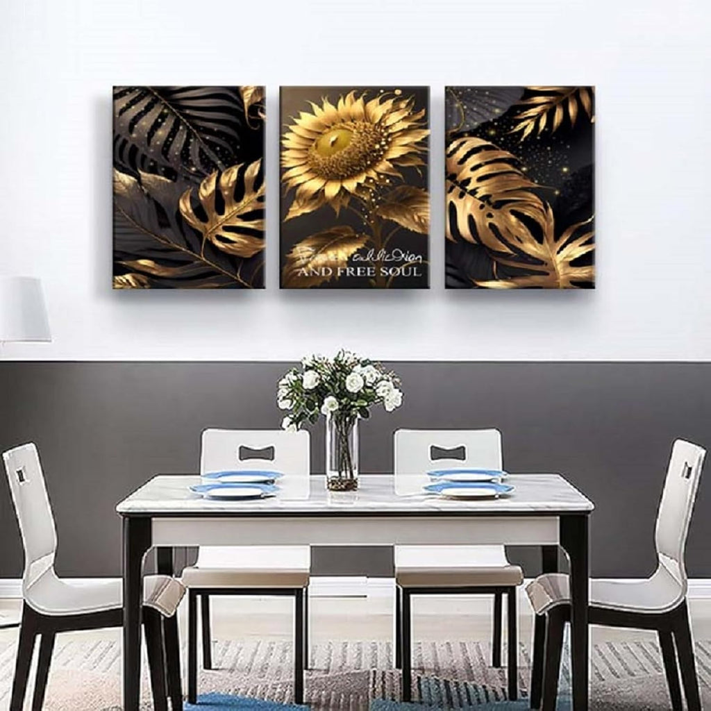 Yxbhhym Bedroom Wall Art Sunflower Canvas wall Art for living room Black and Gold Wall Décor pictures Leaf Artwork Paintings Flower Poster Prints Dining Room Office Décor Bathroom Decorations