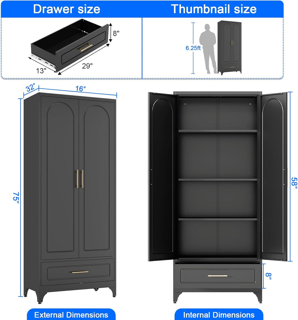 Black Pantry Kitchen Cabinet with Drawer, 75 Inch Metal Storage Cabinet with Doors and Shelves, Steel Food Pantries, Large Freestanding Cupboard for Living&Dining Room-Assemble Required