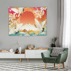 HZOHNAGO Japanese Tapestry Cherry Blossom Crane Sea Wave Fuji Mountain Red Sun Pattern Printed Wall Tapestry Painting Wall Hanging for Bedroom Living Room Dorm 40" W x 30" H