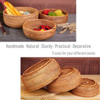 3 Pack Hadewoven Round Rattan Fruit Basket Wicker Food Tray Weaving Storage Holder Dinning Room Bowl, 10 Inch Small Wicker Basket Serving Tray Woven Basket for Bread,Snack,Brown(3-Size Kit)