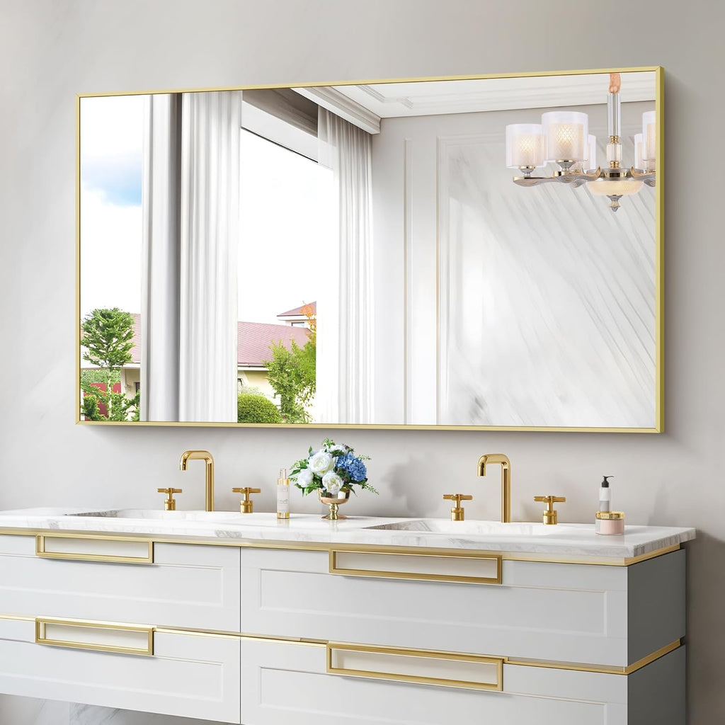 30x55In Gold Bathroom Mirror for Wall, Brushed Gold Rectangle Mirrors with Metal Frame, Bathroom Rectangular Mirror Modern Wall Mirror for Bedroom Living Room, Hangs Horizontal or Vertical