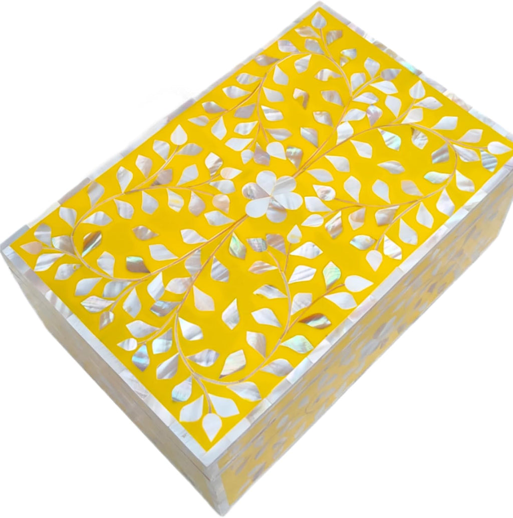 Decorative Storage Box Of Mother Of Pearl Inlay Floral Design Wooden Storage Box For Home Decoration For Living Dining & Bedroom (Yellow_9x6x3.5 inch)