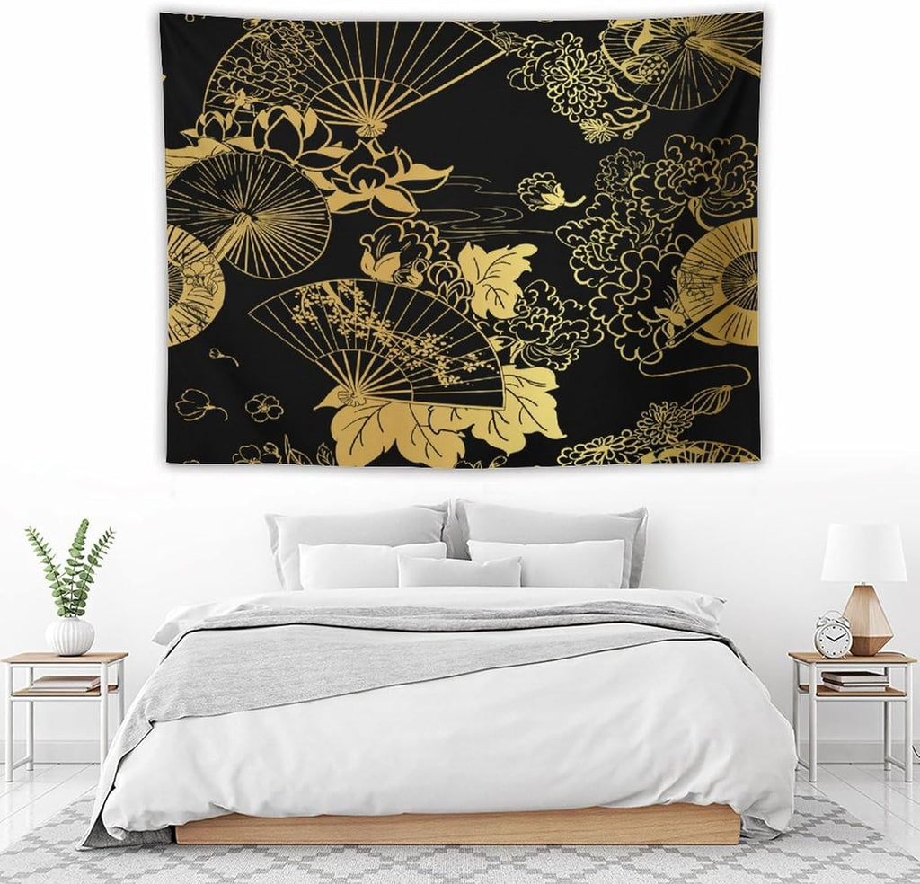 HZOHNAGO Japanese Tapestry Gold Flowers Umbrella Fan Pattern Printed Wall Tapestry Painting Wall Hanging for Bedroom Living Room Dorm 80" W x 60" H